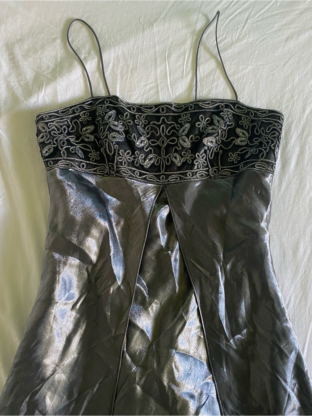 Real Vintage Silver Spaghetti Strap Cocktail Dress with Embroidery
